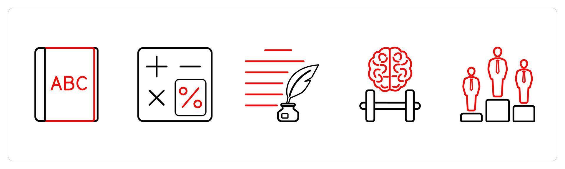 A set of 5 School icons as alphabet, calculator, authorship in red line color vector
