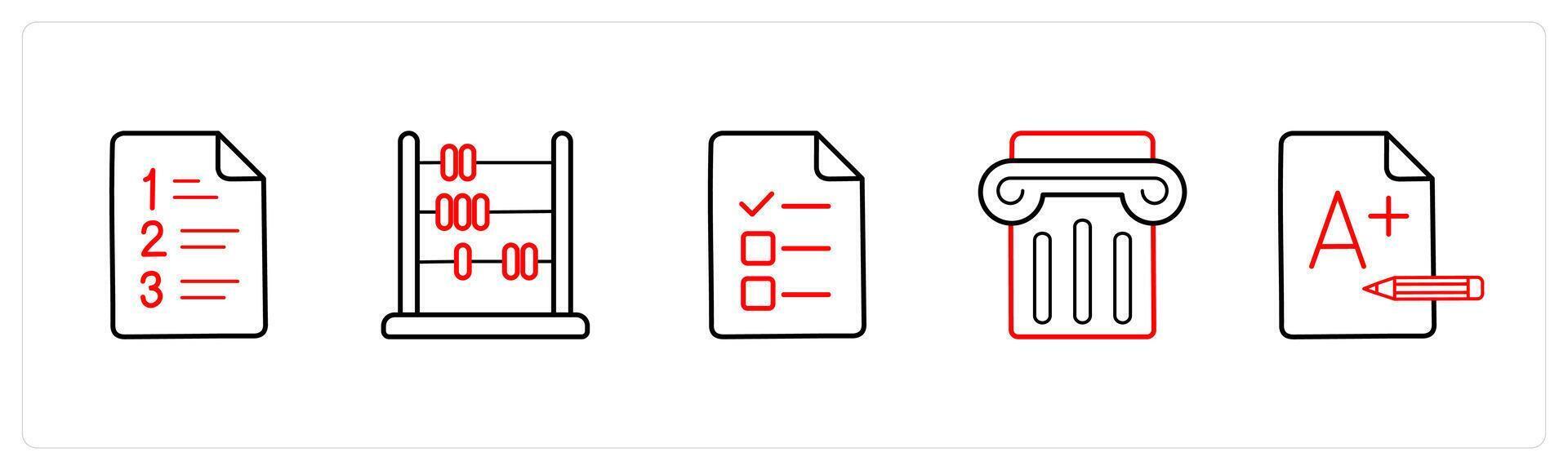 A set of 5 School icons as examination sheet, abacus, exam in red line color vector