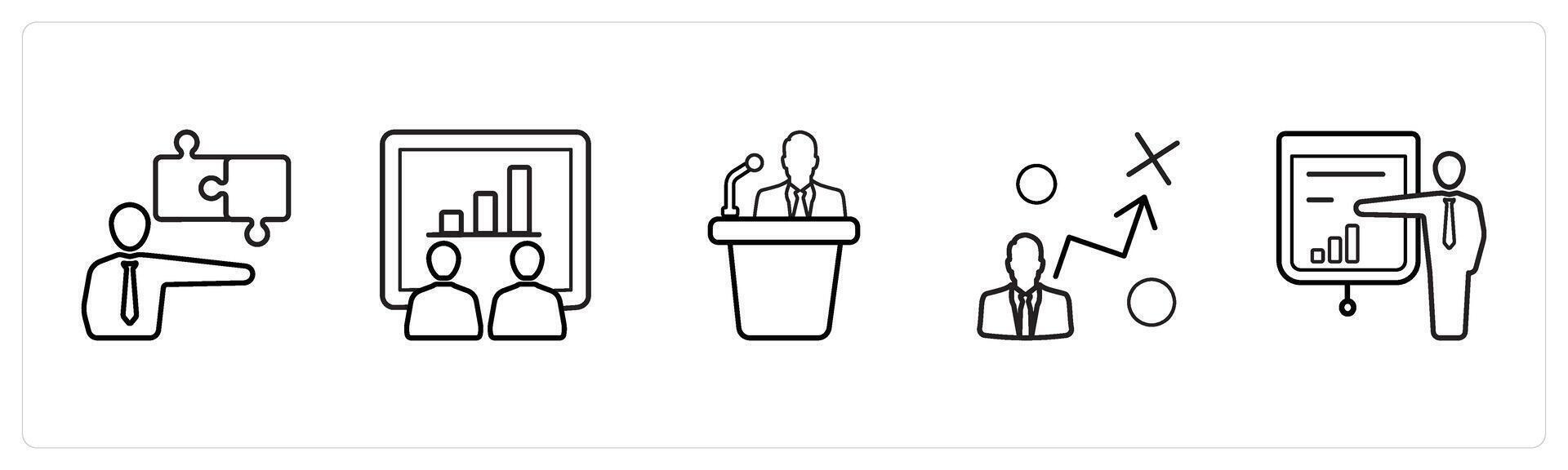 A set of 5 human resource icons such as strategy, presentation, speech in black line color vector