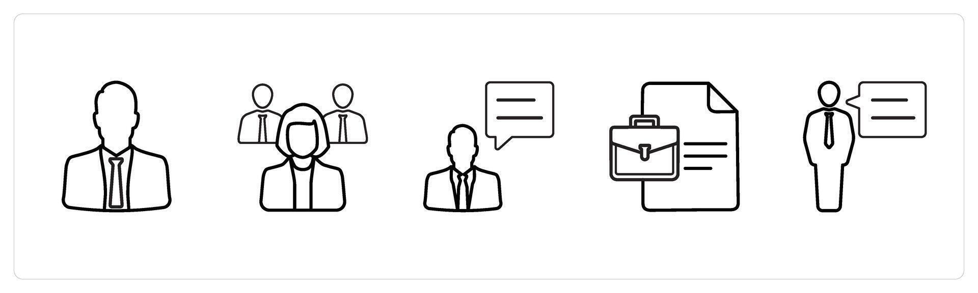 A set of 5 human resource icons such as employer, manager, businessman in black line color vector