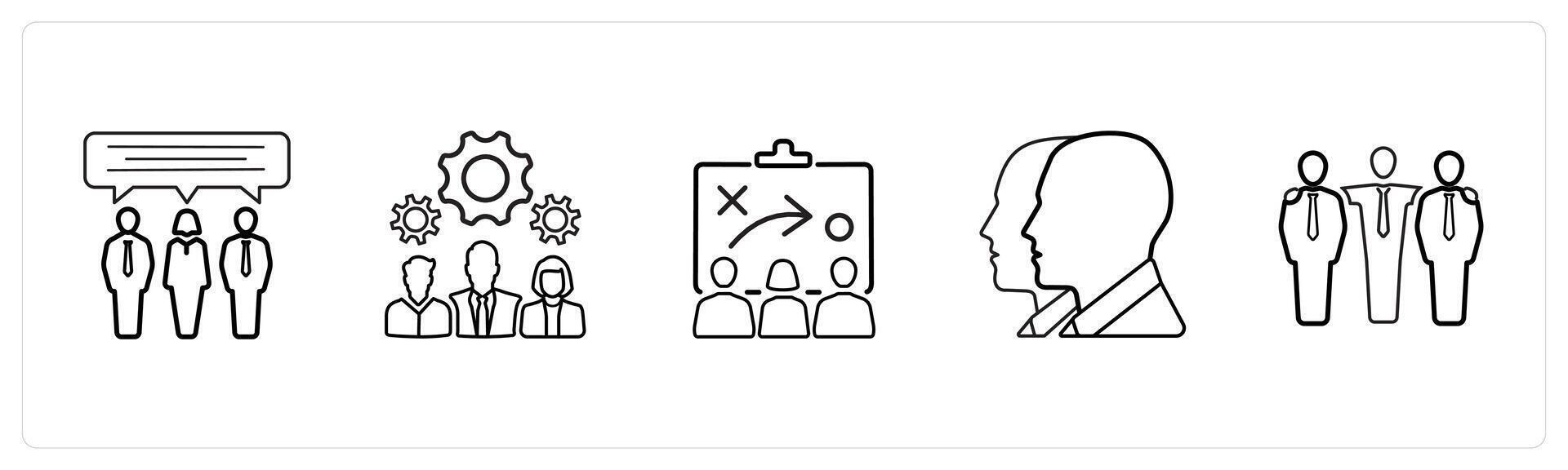 A set of 5 business icons such as communication, teamwork, strategy in black line color vector