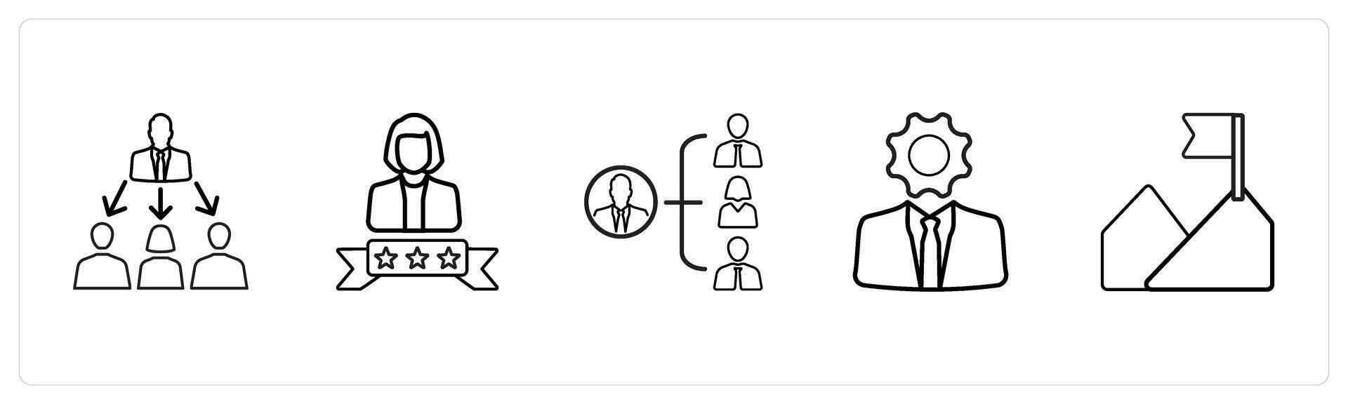 A set of 5 business icons such as trainer, winner, mission in black line color vector