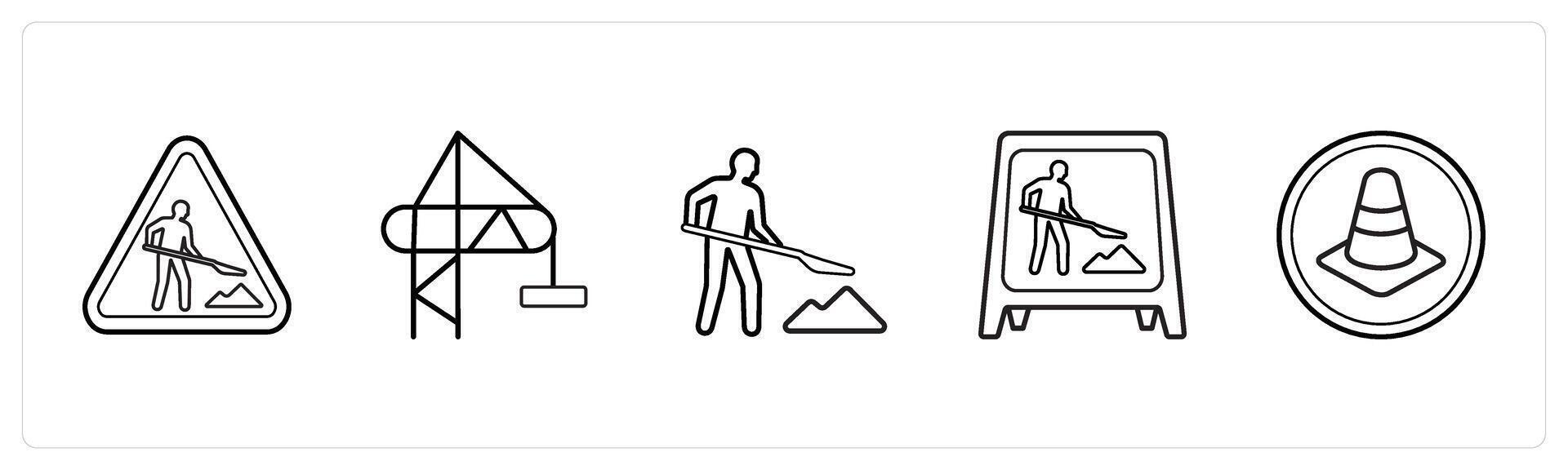 A set of 5 under maintenance icons such as under maintenance, crane in black line color vector