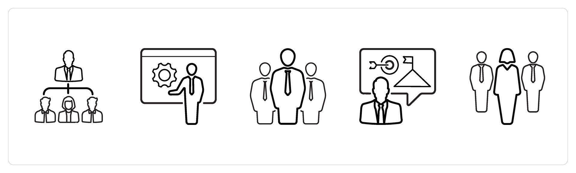 A set of 5 business icons such as leadership, mentor, businessman in black line color vector