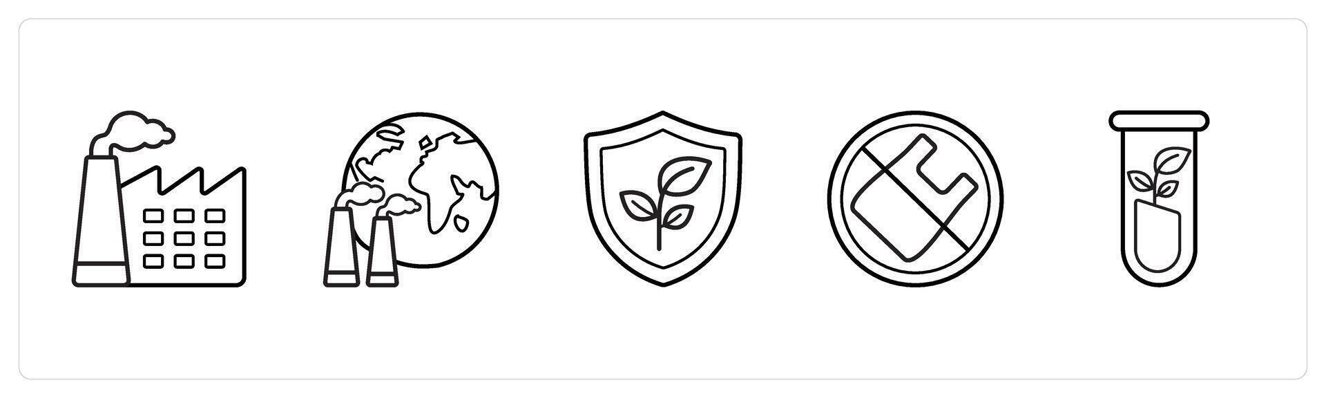 A set of 5 weather icons such as factory pollution, factory in black line color vector