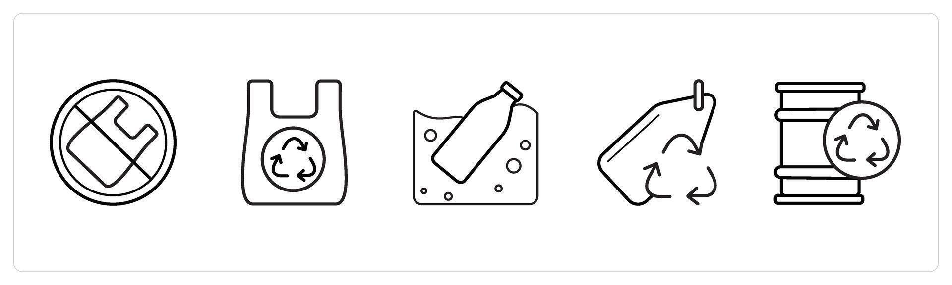 A set of 5 weather icons such as plastic prohibited, recycled bag in black line color vector