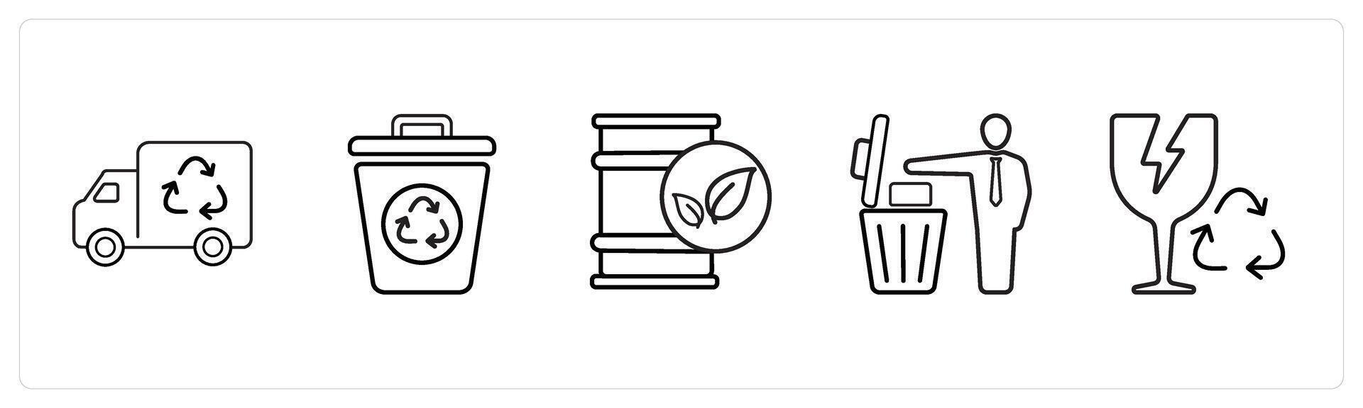 A set of 5 weather icons such as garbage van, bin in black line color vector