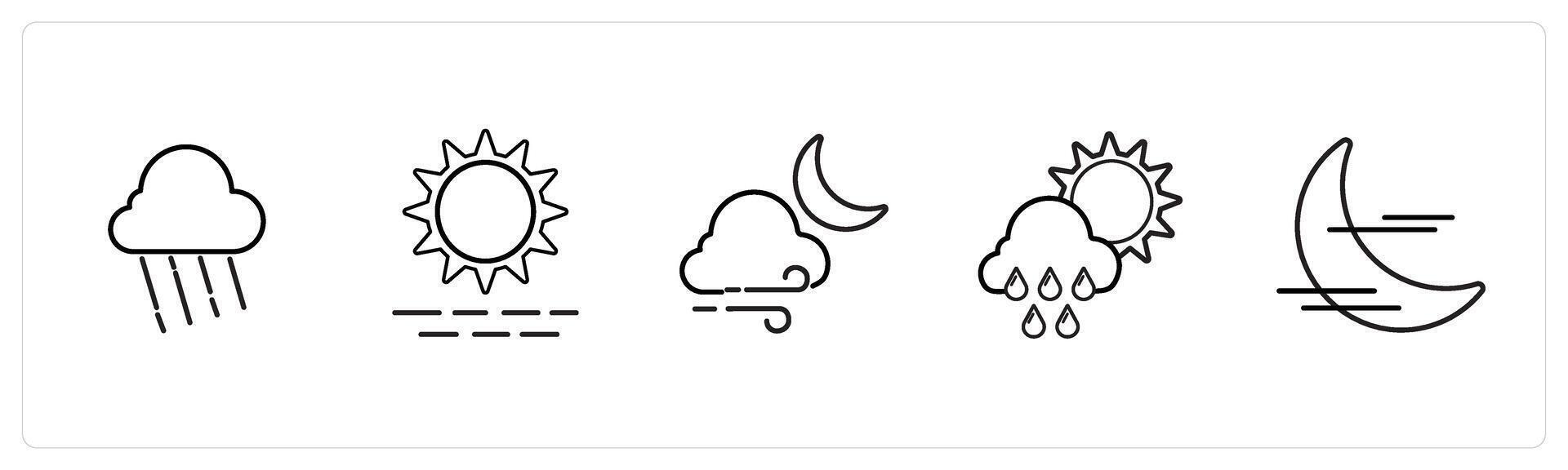A set of 5 weather icons such as rainy cloud, morning in black line color vector