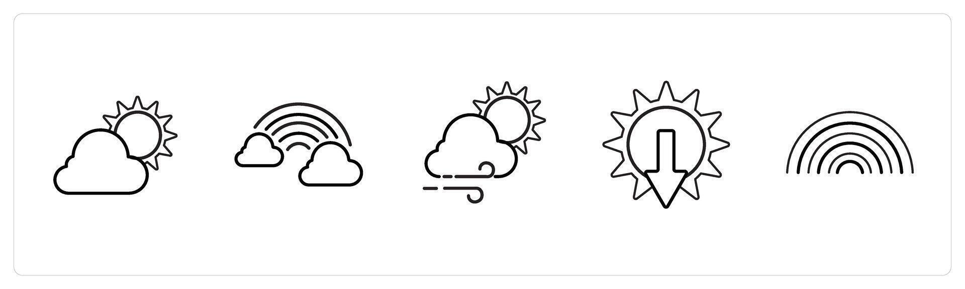 A set of 5 weather icons such as cloudy day, cloud rainbow in black line color vector