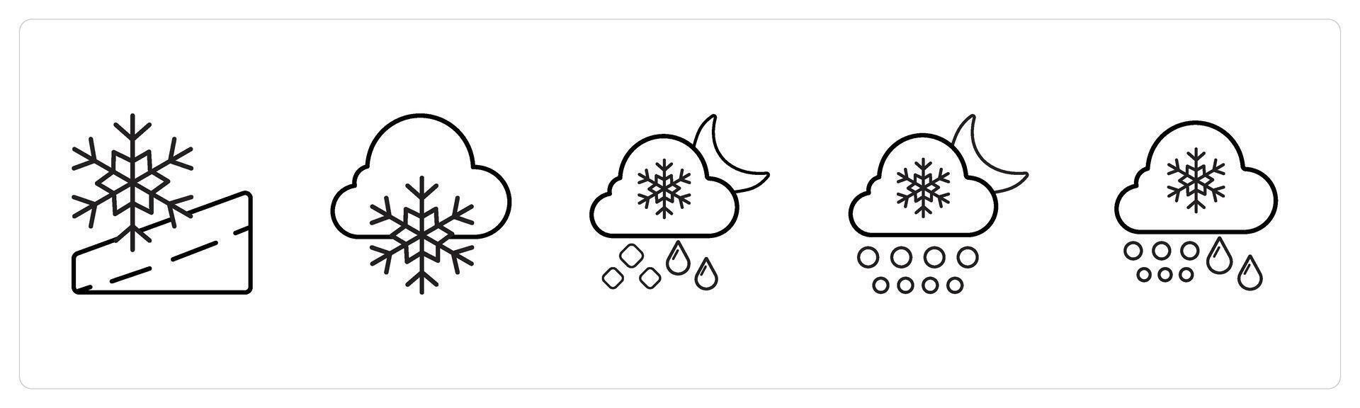 A set of 5 weather icons such as snow road, snow, snowfall in black line color vector