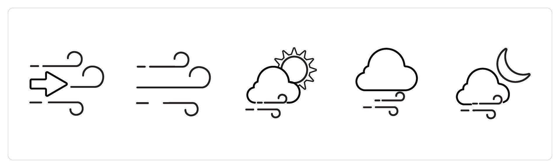 A set of 5 weather icons such as wind, air, windy day in black line color vector