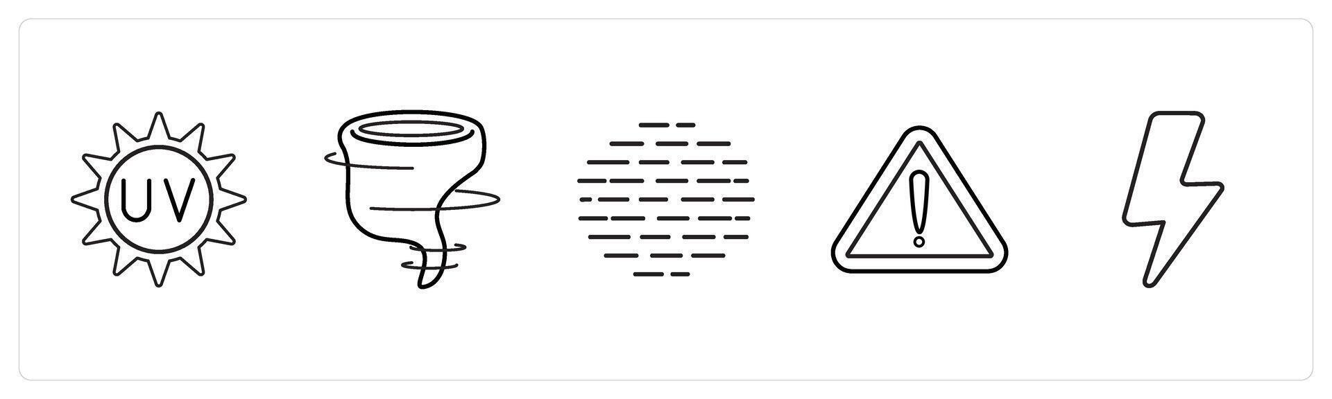 A set of 5 weather icons such as uv rays, hurricane, foggy in black line color vector