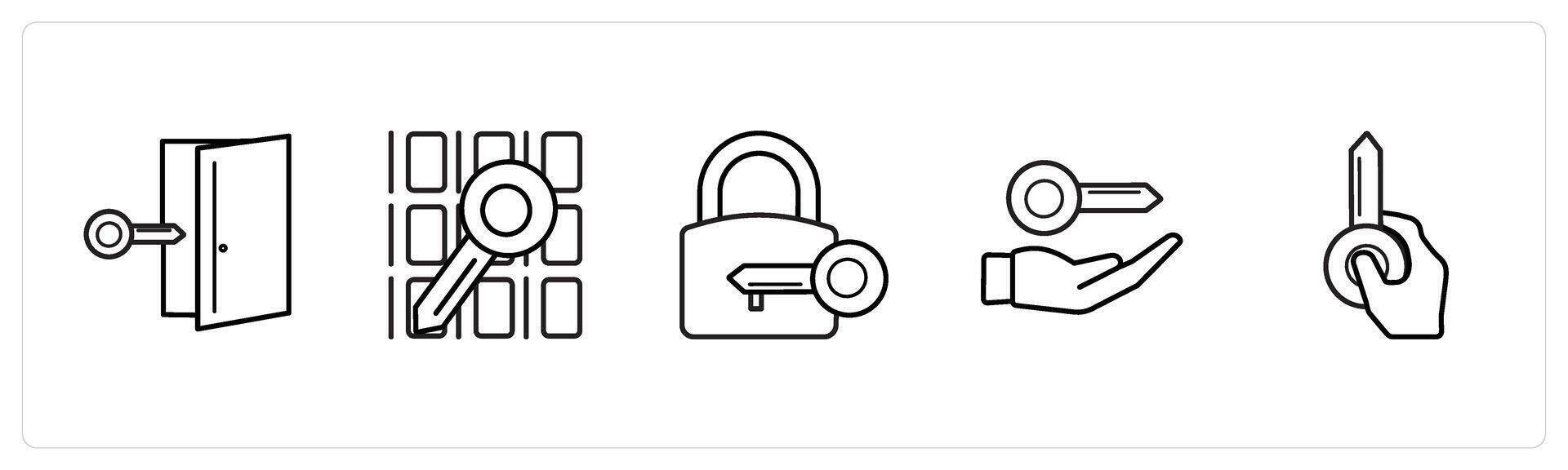 A set of 5 security icons such as door key, data, lock key in black line color vector