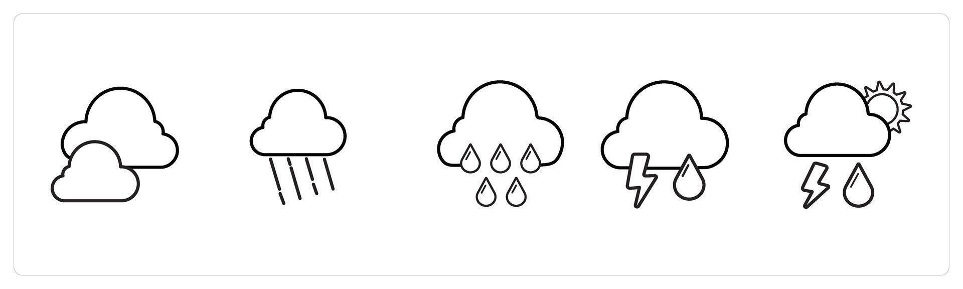 A set of 5 weather icons such as cloud, rainy cloud in black line color vector