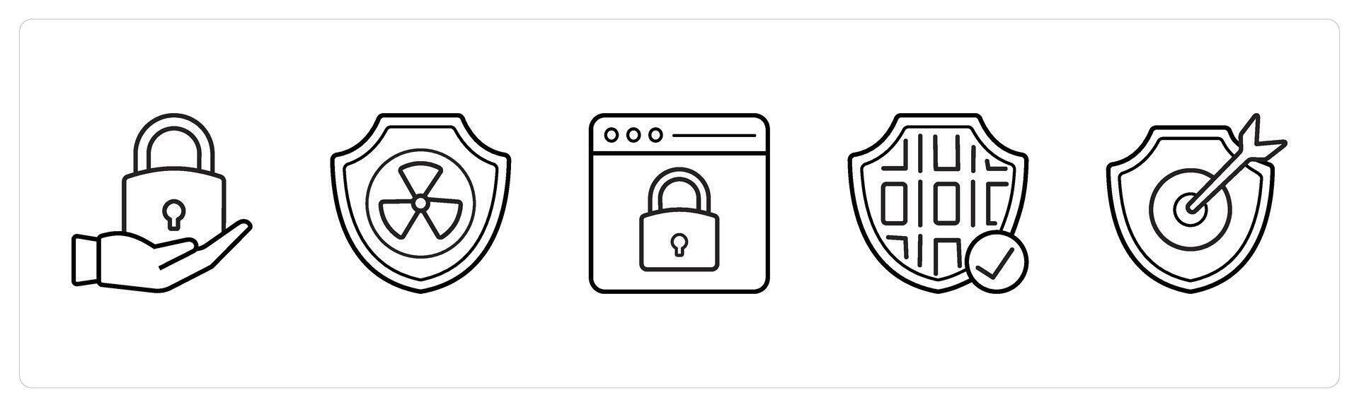 A set of 5 security icons such as privacy, nuclear protection in black line color vector