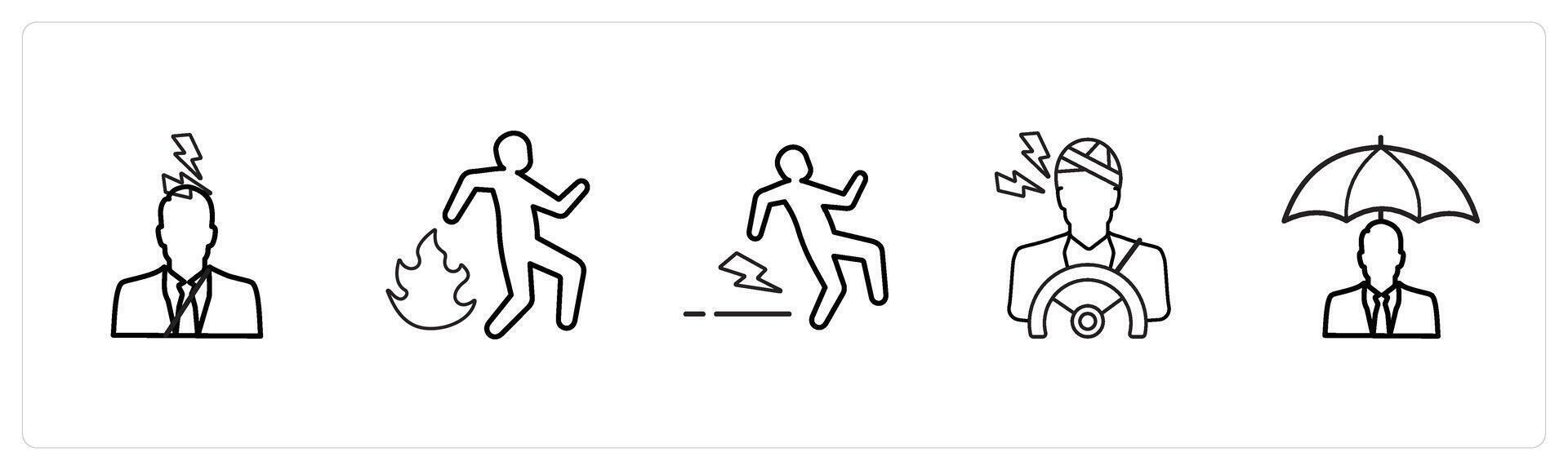 A set of 5 insurance icons such as driver insurance, fire insurance in black line color vector