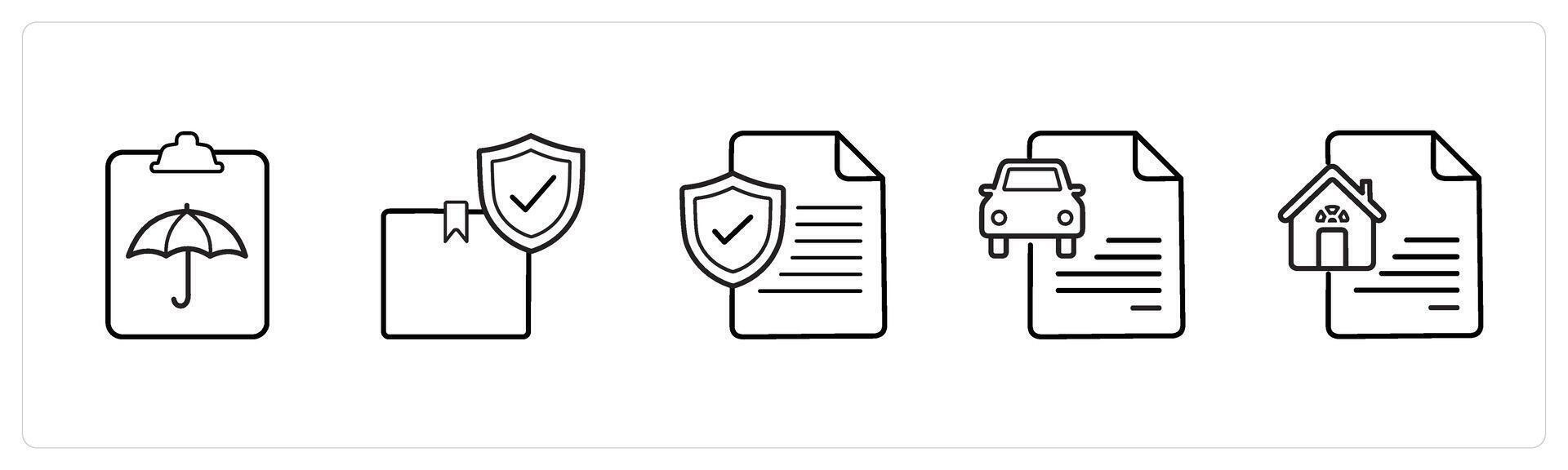 A set of 5 insurance icons such as insurance policy document, package insurance in black line color vector
