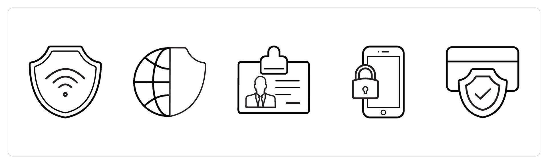 A set of 5 security icons such as secublack wifi, global security in black line color vector