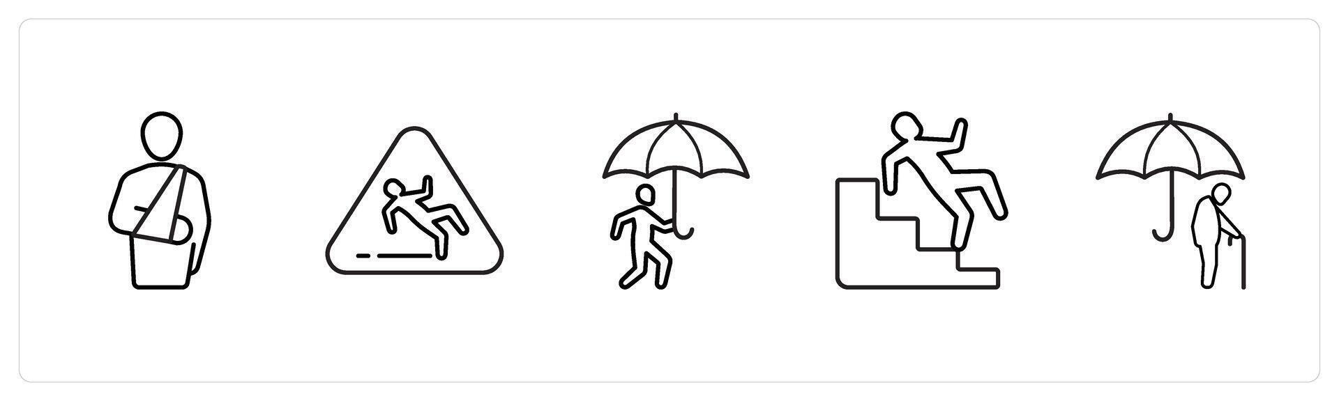 A set of 5 insurance icons such as insurance cover, accidental liability in black line color vector