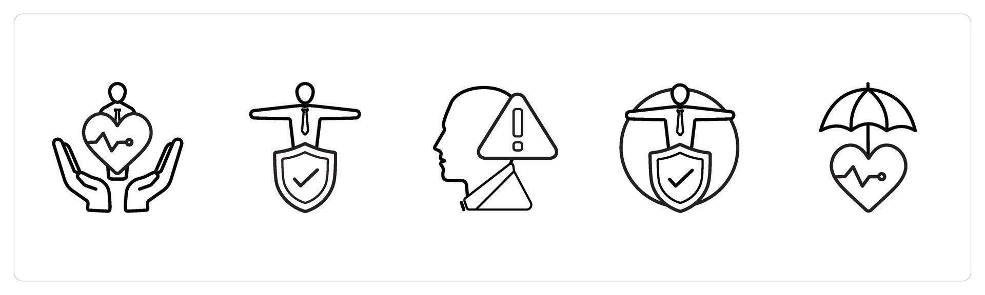 A set of 5 insurance icons such as life insurance, insublack person in black line color vector