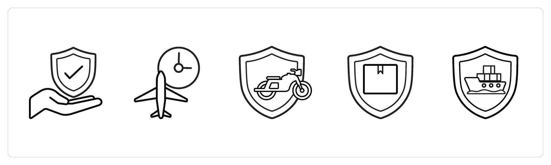 A set of 5 insurance icons such as insurance protection, flight insurance in black line color vector