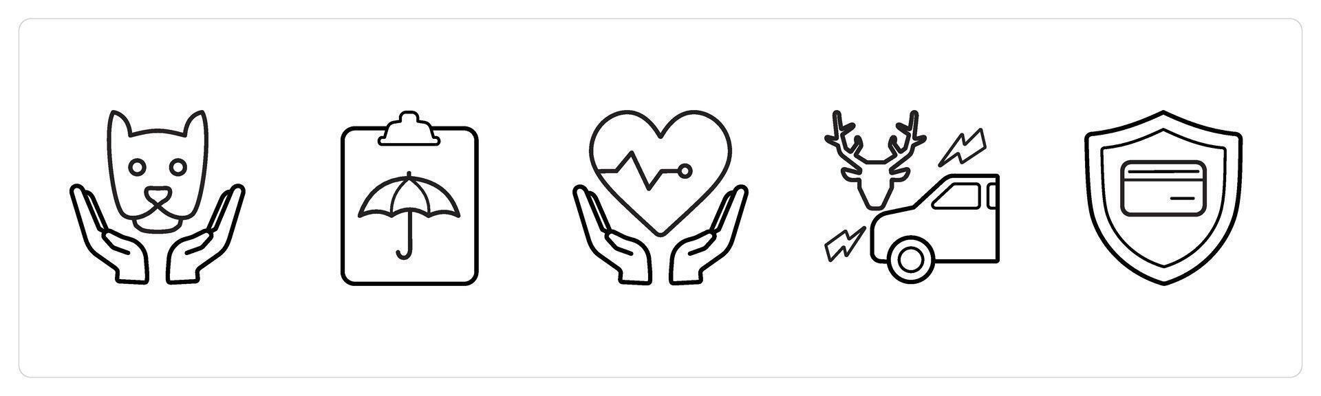 A set of 5 insurance icons such as animal insurance, insurance policy document in black line color vector