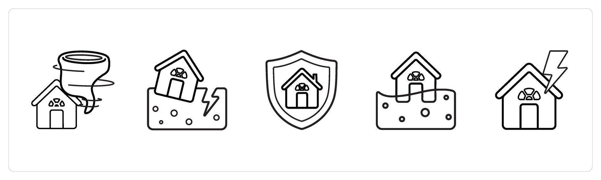 A set of 5 insurance icons such as tornado insurance, earthuqake damage in black line color vector