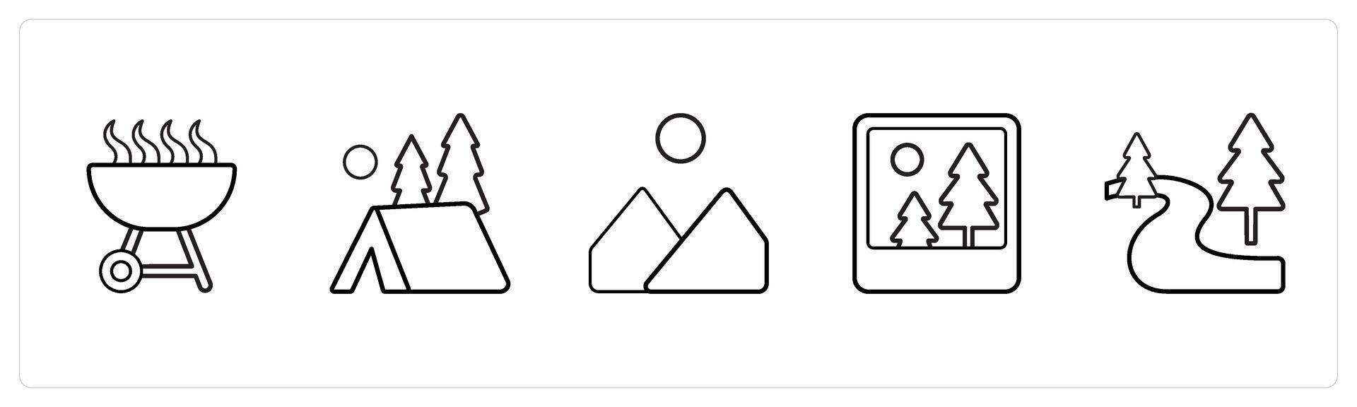 A set of 5 travel and vacation icons such as barbecue, camping, mountain in black line color vector