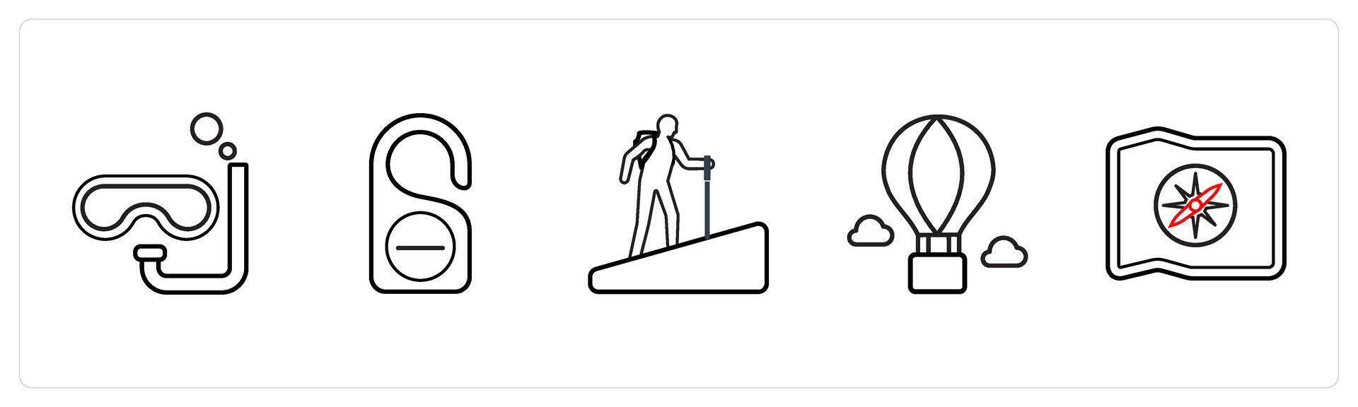 A set of 5 travel and vacation icons such as scuba, hotel lock, hiking in black line color vector