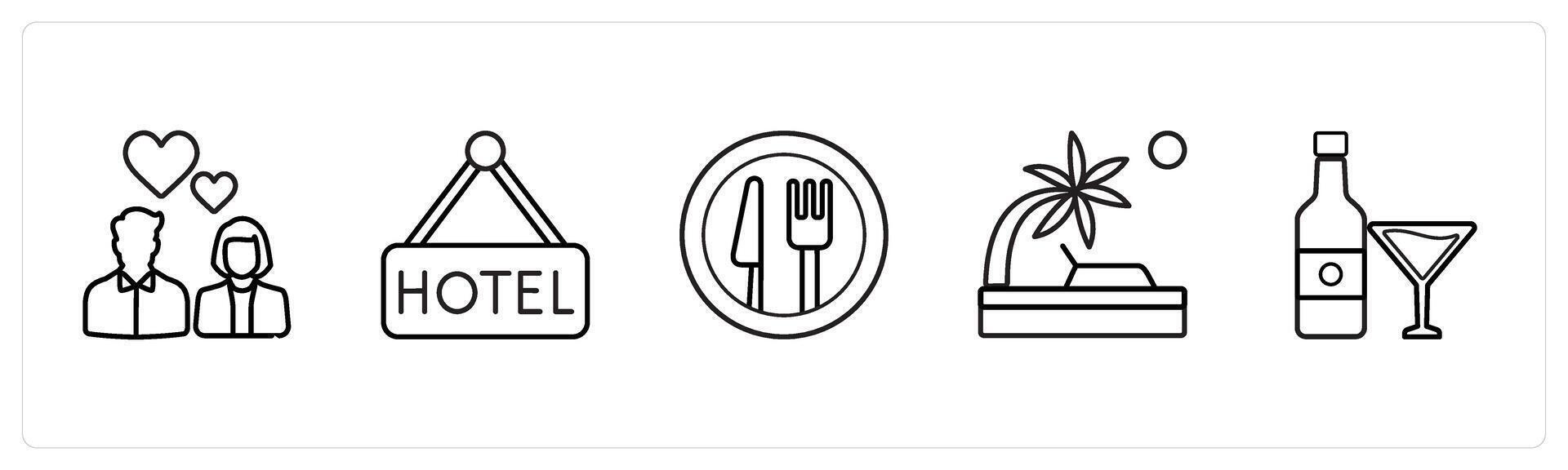 A set of 5 travel and vacation icons such as romance, hotel board in black line color vector