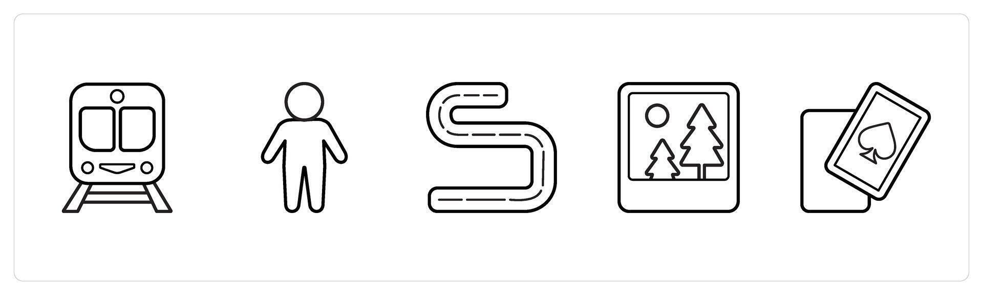 A set of 5 travel and vacation icons such as train, man, route, photo in black line color vector