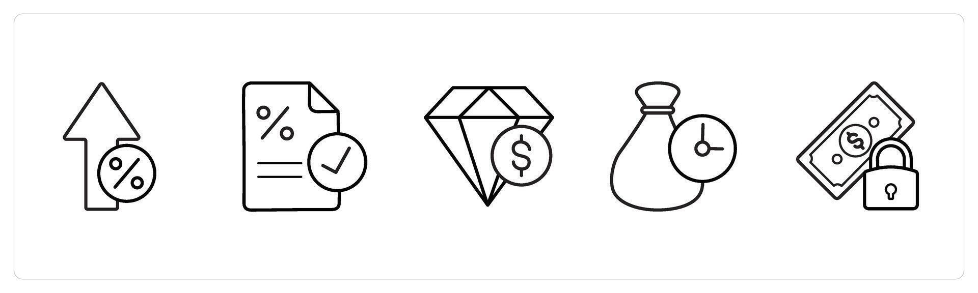 A set of 5 loan icons such as high interest rate, loan percent in black line color vector