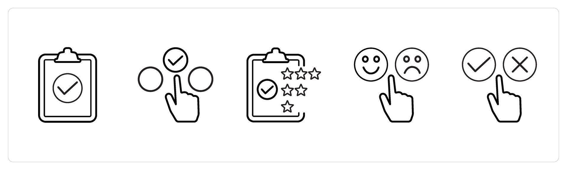 A set of 5 survey and ratings icons such as checklist, choice, rating in black line color vector