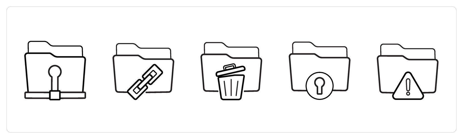 A set of 5 folder icons such as personal folder, link folder in black line color vector