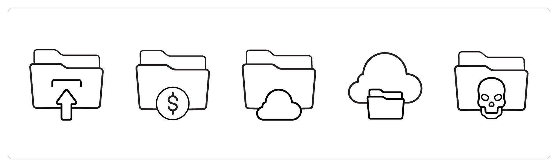 A set of 5 folder icons such as folder upload, finance folder in black line color vector