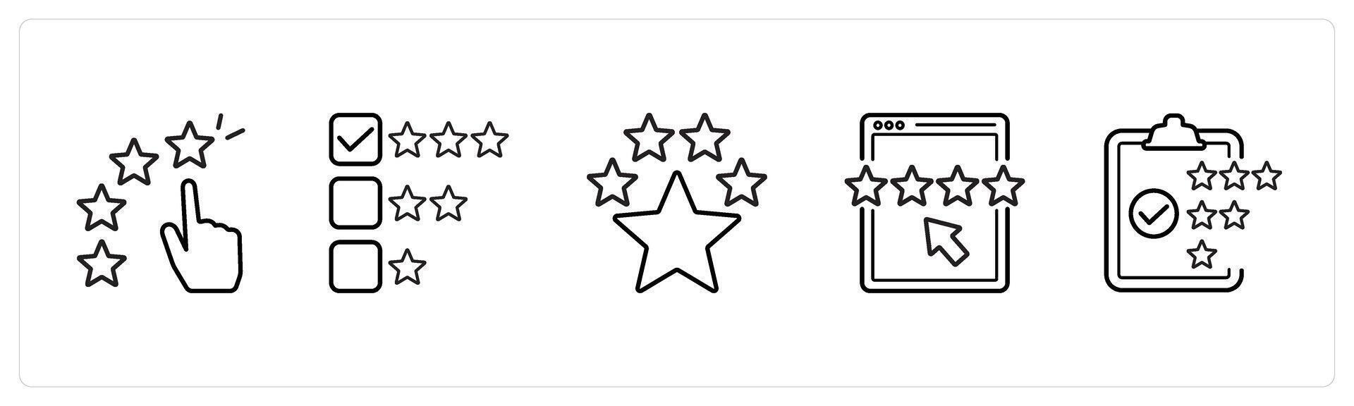 A set of 5 survey and ratings icons such as star rating, premium rating in black line color vector