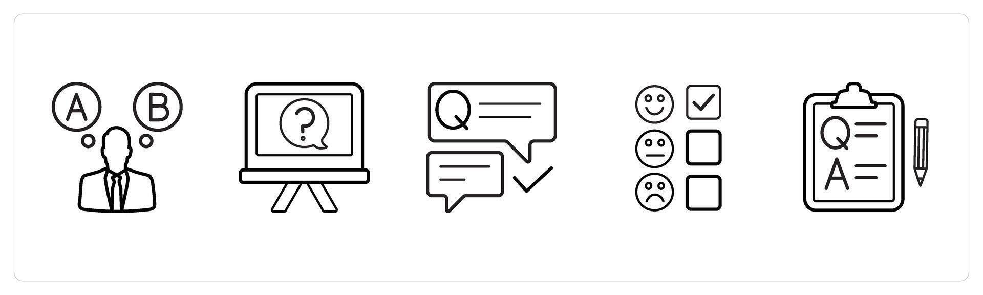 A set of 5 survey and ratings icons such as option, question, questionnaire in black line color vector