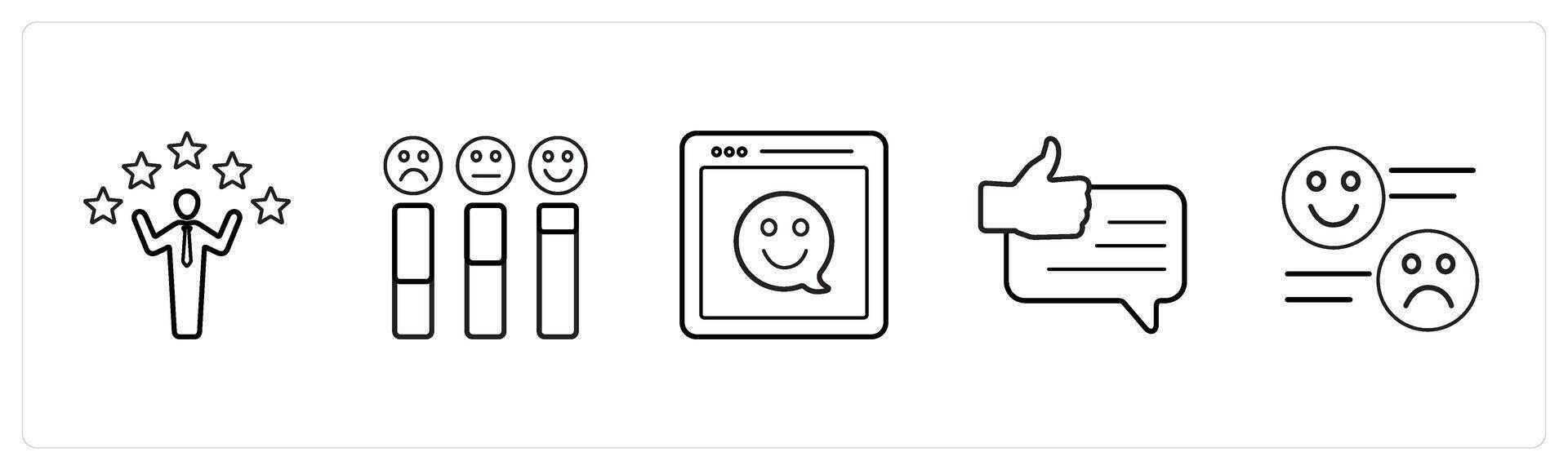 A set of 5 survey and ratings icons such as customer satisfaction, rating in black line color vector