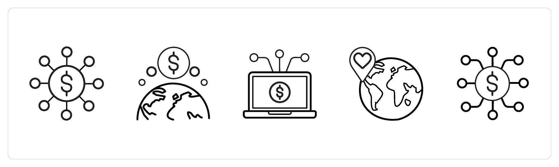 A set of 5 crowdfundind and donation icons such as fundraising network, global funding in black line color vector