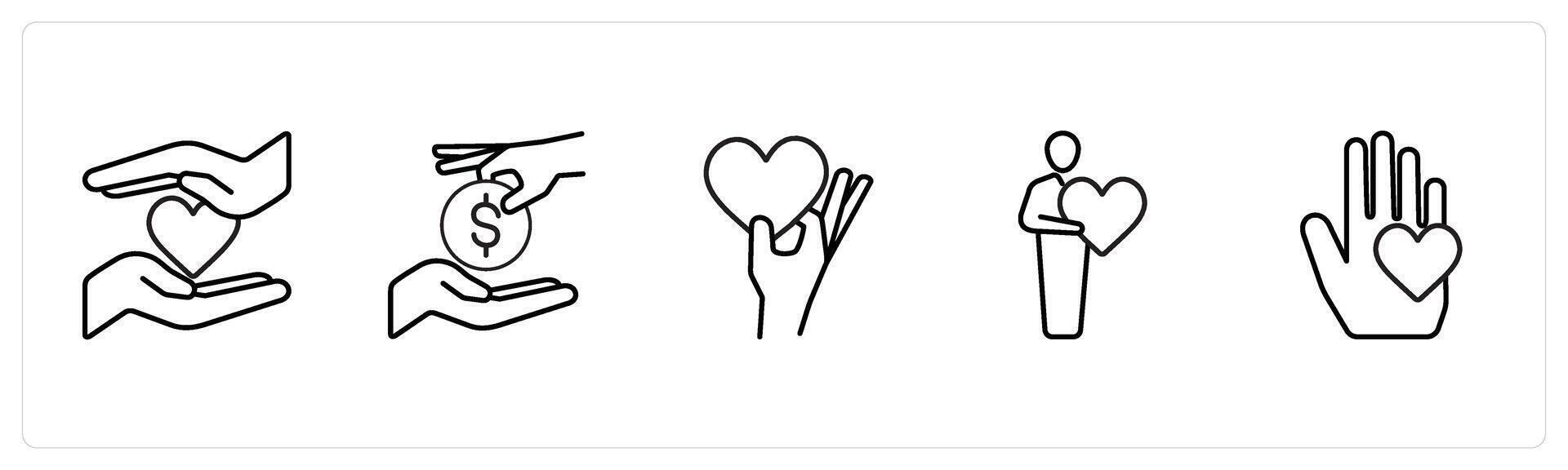 A set of 5 crowdfundind and donation icons such as donation, charity, donate in black line color vector