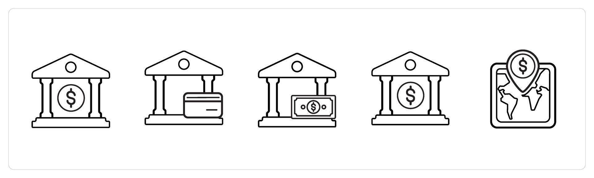A set of 5 ecommerce and shopping icons such as finance bank, bank wallet in black line color vector