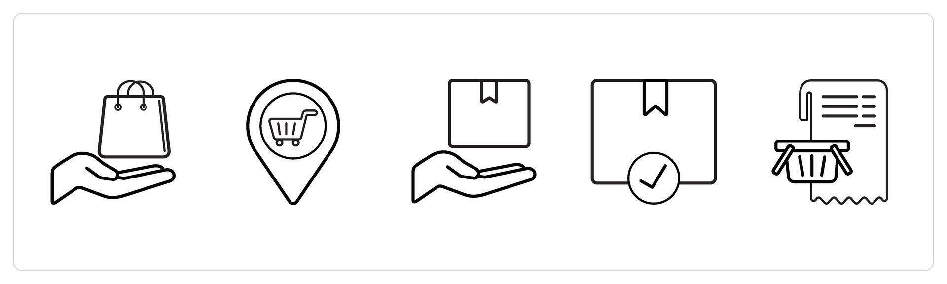 A set of 5 ecommerce and shopping icons such as offers, store locator, save bookmark in black line color vector