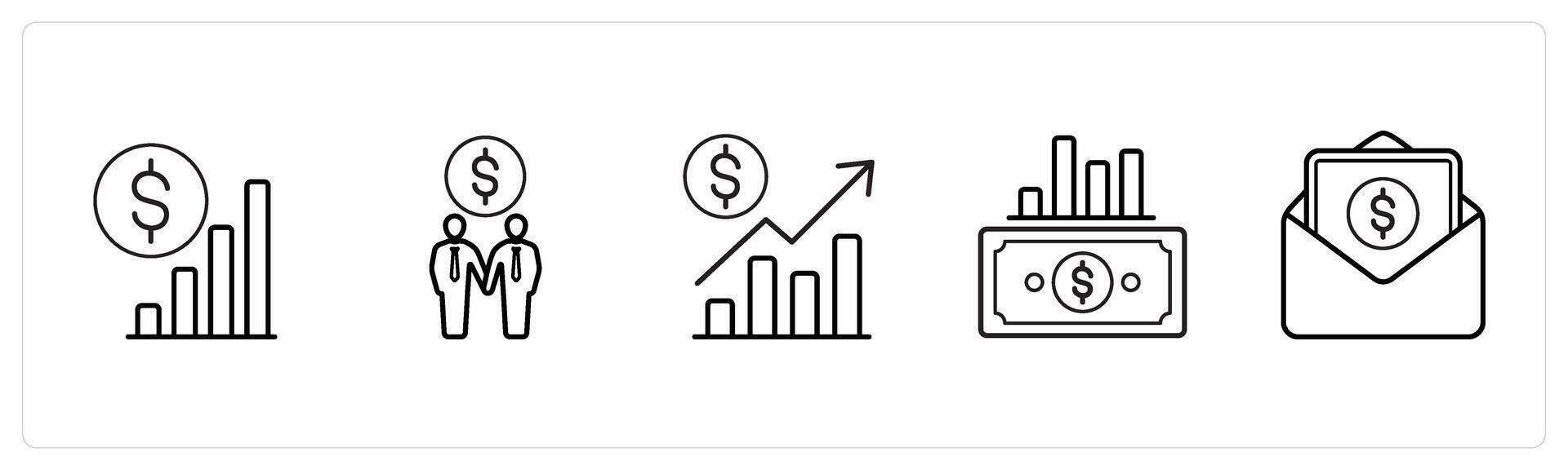 A set of 5 ecommerce and shopping icons such as growth analysis, partnership in black line color vector