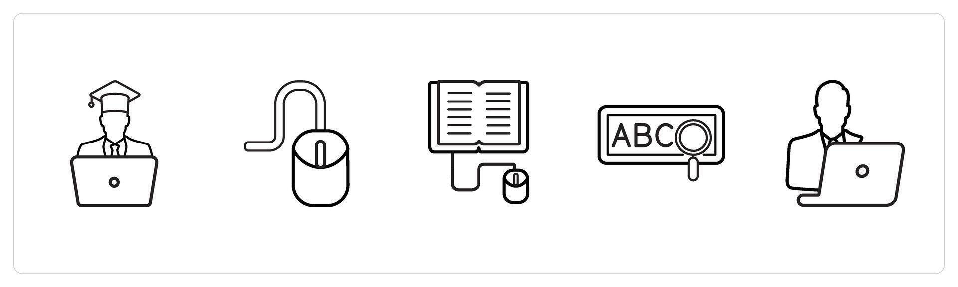 A set of 5 online education icons such as student, mouse, online study in black line color vector