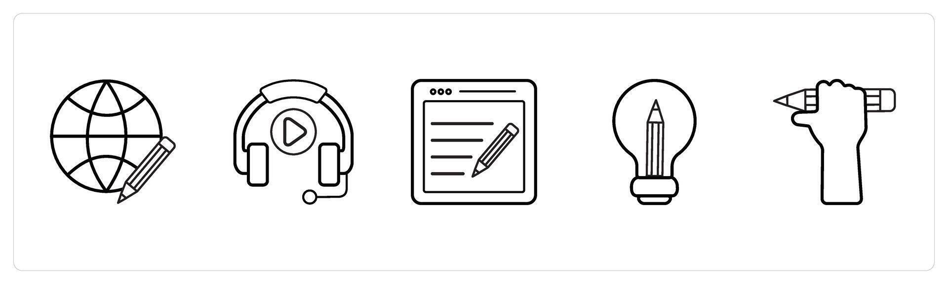 A set of 5 online education icons such as global learning, music in black line color vector