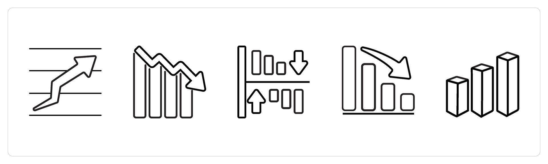 A set of 5 diagram and report icons such as finance report, business loss in black line color vector