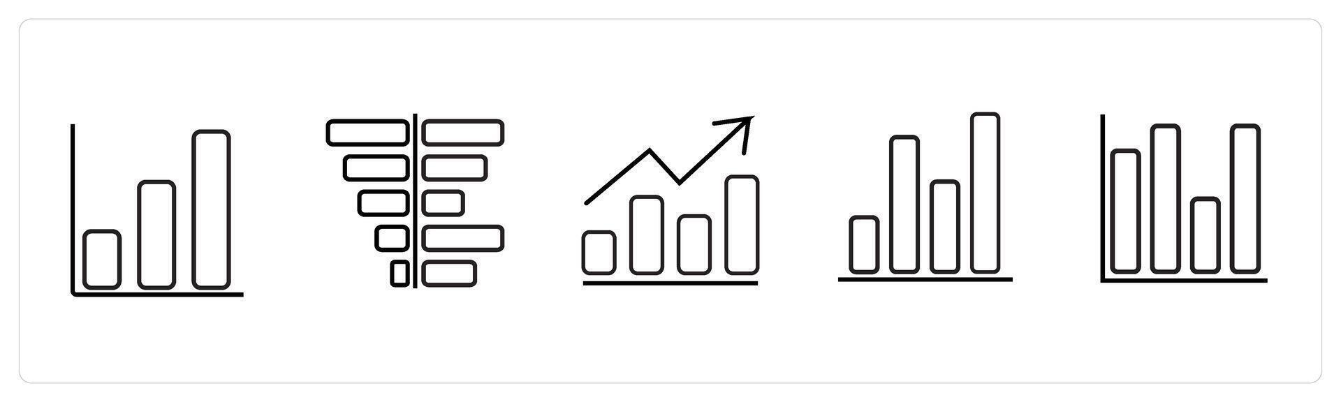 A set of 5 diagram and report icons such as bars, evaluation, finance report in black line color vector