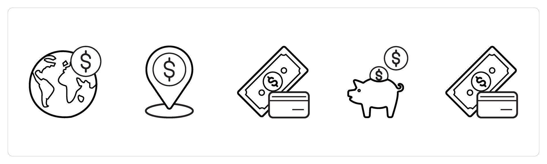 A set of 5 finance and money icons such as world bank, bank location in black line color vector