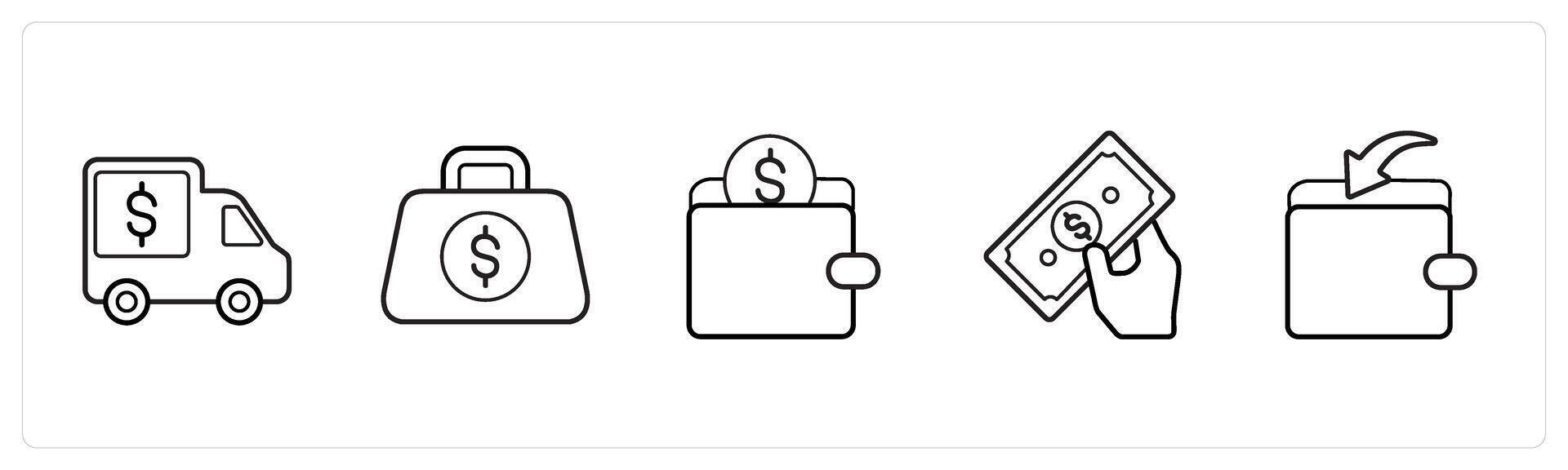 A set of 5 finance and money icons such as cash van, money bag, savings in black line color vector