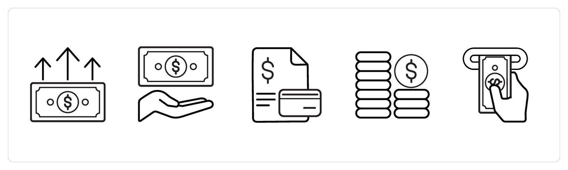 A set of 5 finance and money icons such as earnings, finance, card receipt in black line color vector